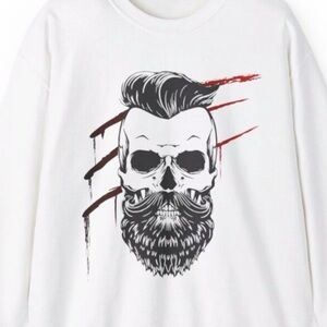 Men’s White Bearded Skull Halloween Sweatshirt For Husband Spooky Shirt Horror